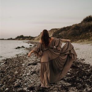 Muslin Boho Maternity Maxi Slit Dress Ruffle Sleeve Photo Prop Mocha Brown